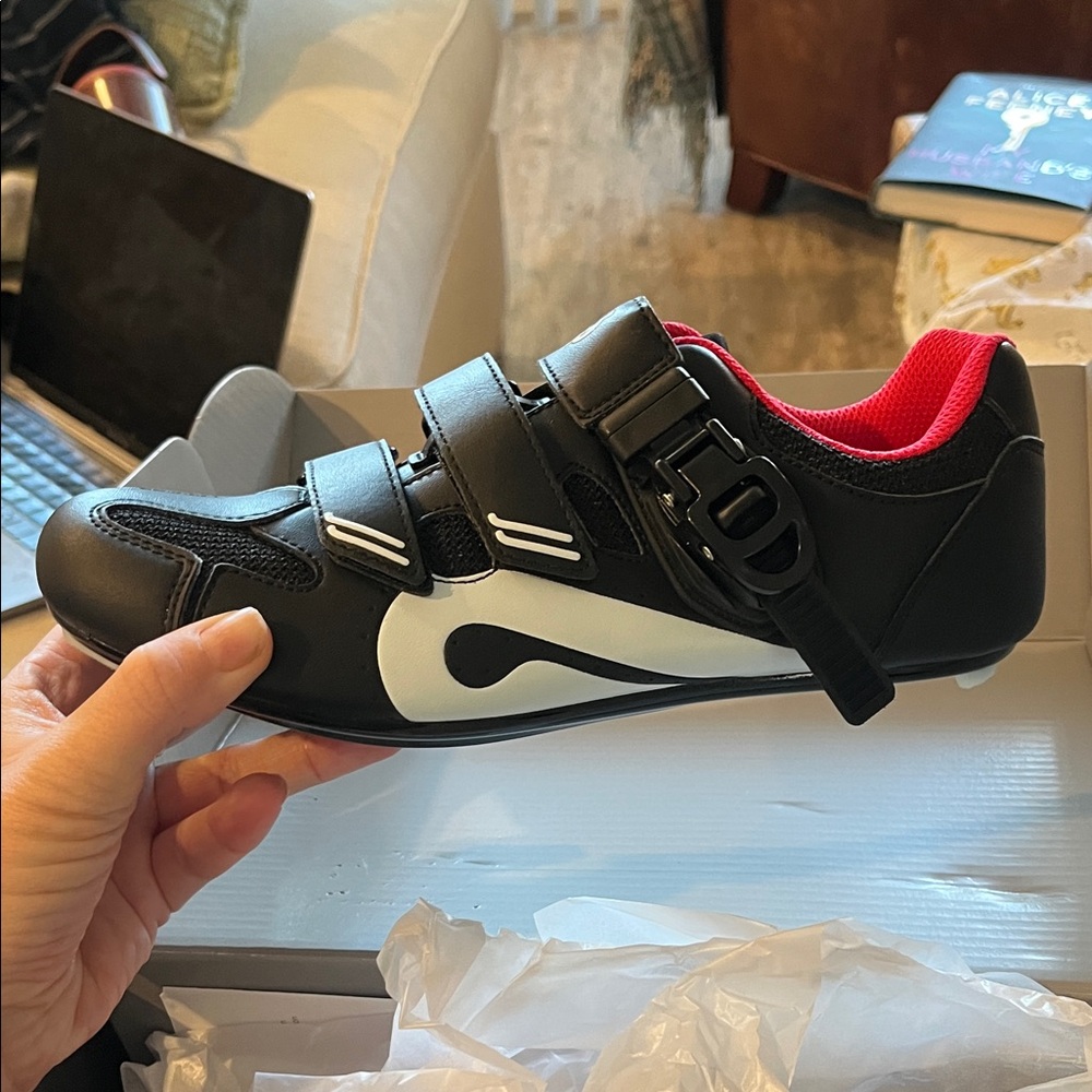 Peloton Black Cycling Sneaker with White Accent and Red Lining